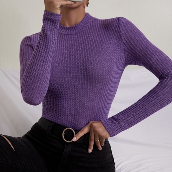 Mustard Yellow Waffle Fitted Basic Mock Neck Top Minimalist - Picture 12 of 15